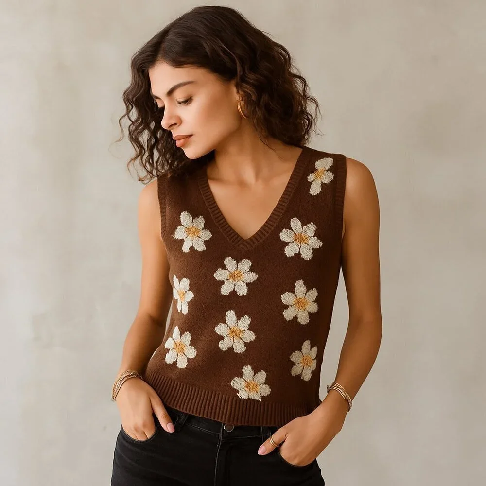 Daisy Knit Floral Sweater Vest 60s 70s Retro Size M